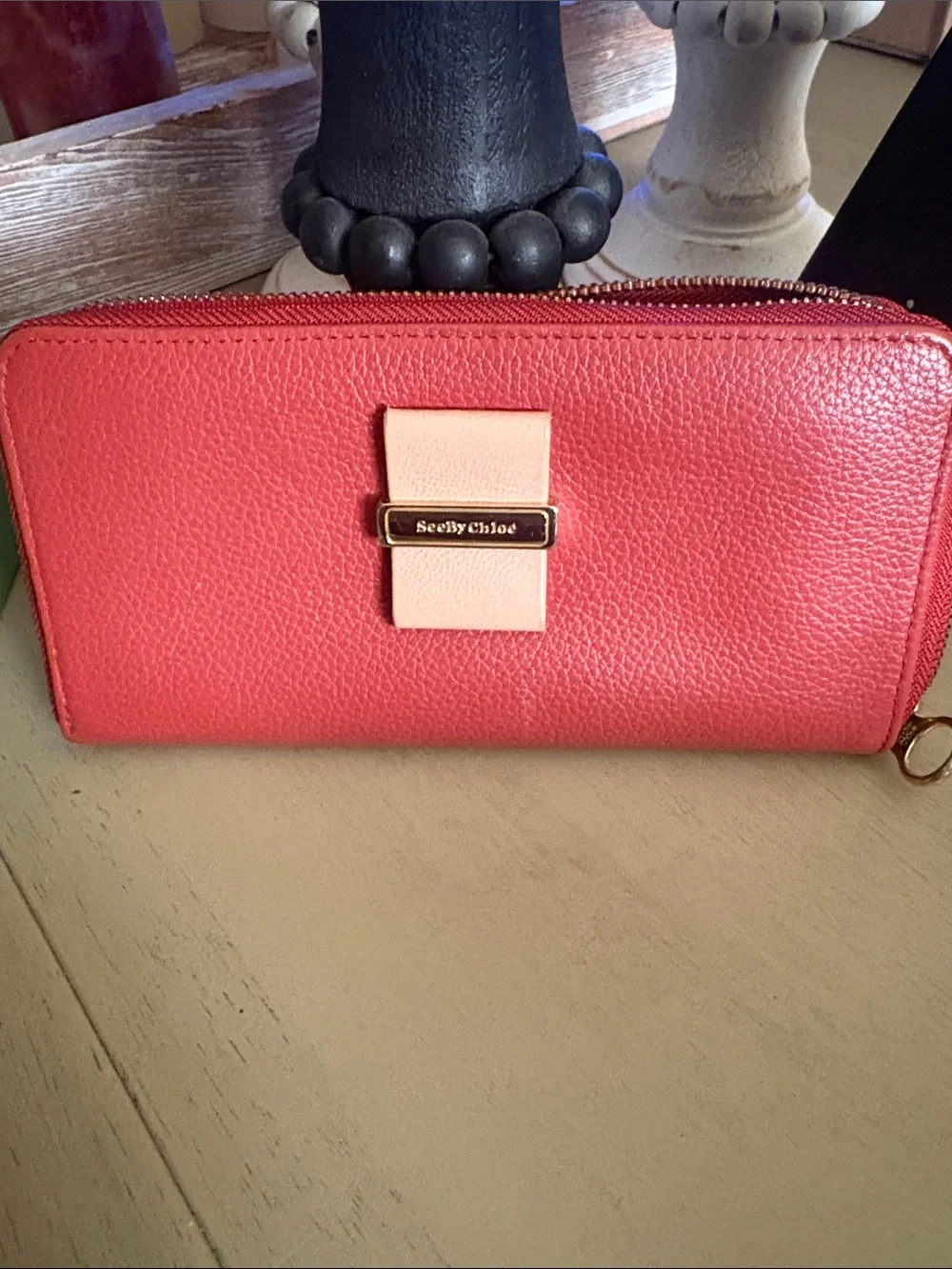 See By Chloe Coral and Pale Pink Zip-Around Leather Wallet